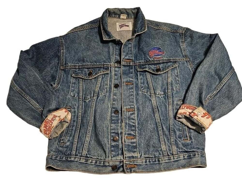 VTG 90s Planet Hollywood Paris Denim Jacket M Logo Cuffs Lined Collar Trucker